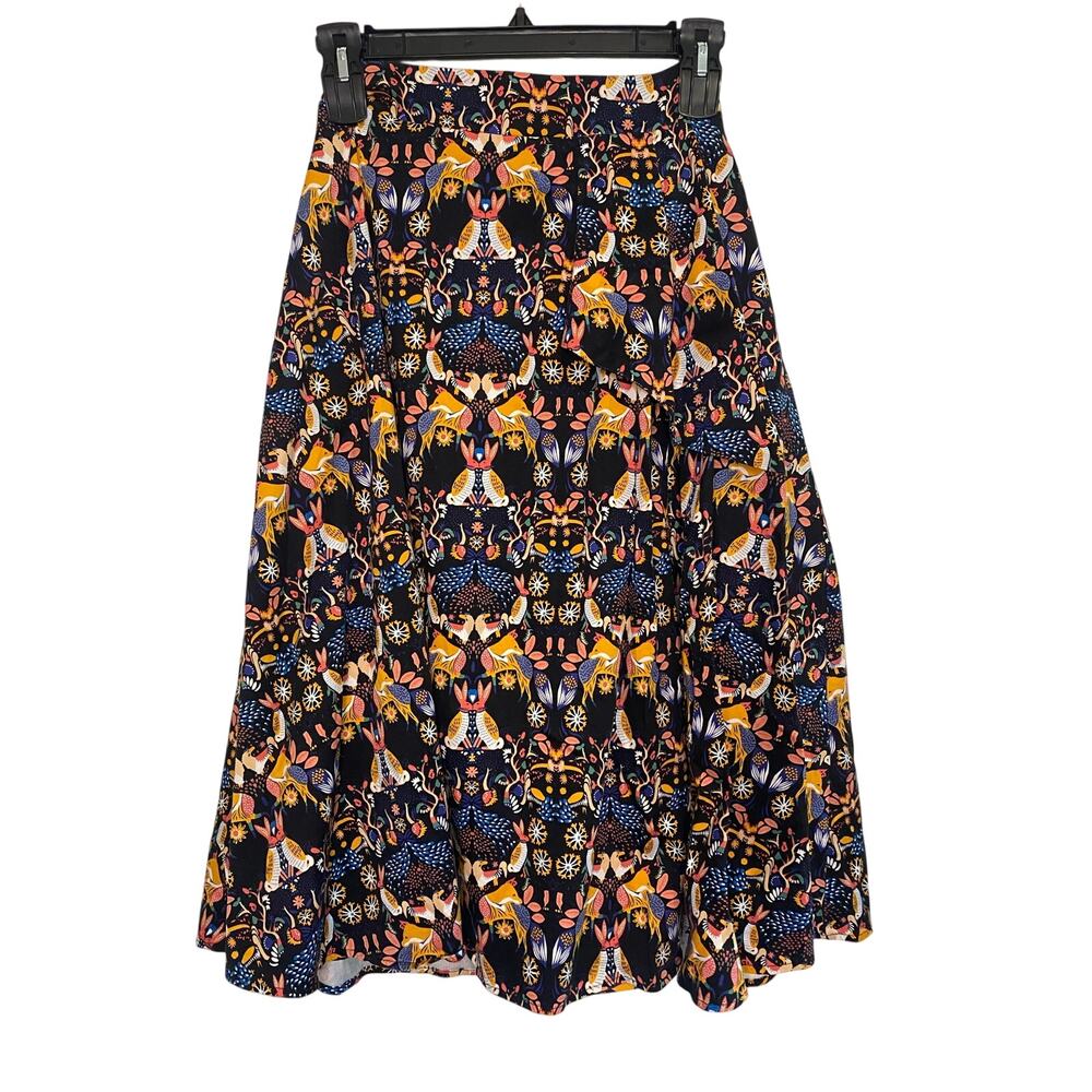 Anthropologie Eva Franco Midi Skirt Woodland Animal Print Fairy Classic Size 6